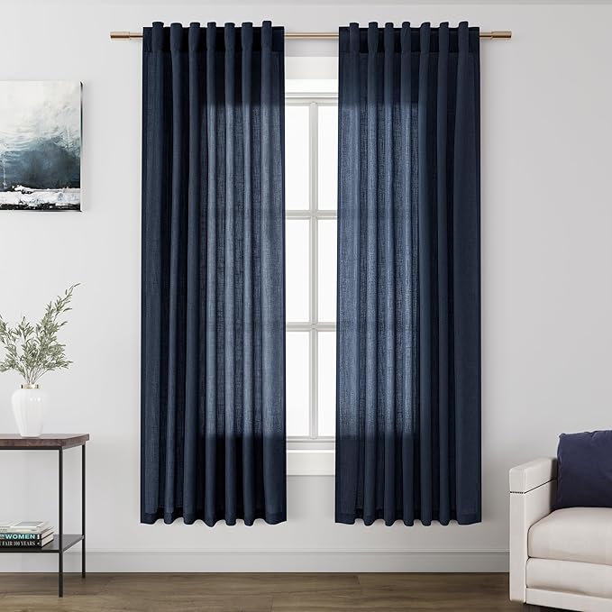 Nanspring Navy Blue Semi Sheer Curtains 72 Inches Long 2 Panels Set for Bedroom Back Tab Rod Pocket Light Filtering Drapes Cotton Linen Textured Indigo Blue Farmhouse Living Room Curtain 52X72