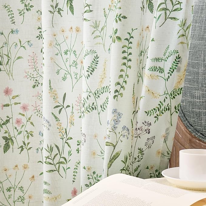 jinchan Floral Linen Blend Curtains for Living Room 84 Inch Length French Country Farmhouse Printed Curtains Sage Green on White Rod Pocket Back Tab Light Filtering Window Drapes 2 Panels