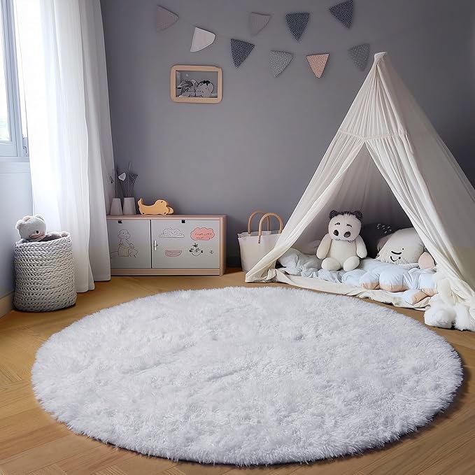 ONASAR White Round Rugs 6ft for Living Room Bedroom, Fluffy Circle Area Rug for Kids Girls Boys Teen, Soft Plush Shaggy Carpet for Nursery Dorm Classroom Playroom Home Decor Aesthetic