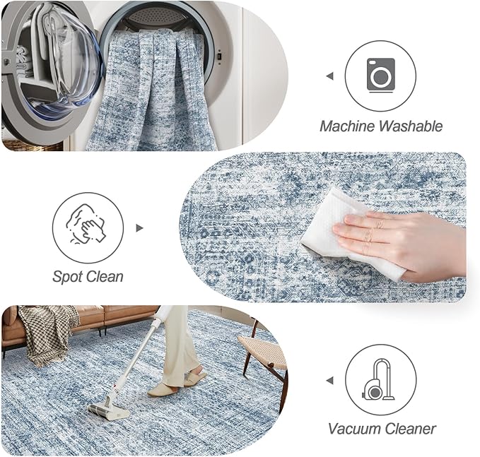 Washable Area Rug 8x10, Large Soft Rugs for Living Room Vintage Blue 8x10 Area Rugs for Bedroom Dining Room Non-Slip Stain Resistant Under Table Rug
