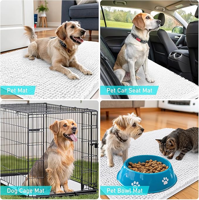 OLANLY Dog Door Mat for Muddy Paws 47x17, Absorbs Moisture and Dirt, Absorbent Non-Slip Washable Doormat, Quick Dry Chenille Mud Mat for Dogs, Entry Indoor Entryway Carpet for Inside Floor, White