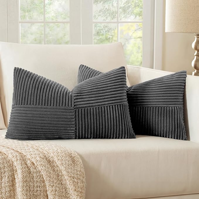 MIULEE Grey Decorative Lumbar Throw Pillow Covers 12x20 Inch for Couch Bed Sofa Pack of 2 Boho Farmhouse Throw Pillows Soft Cross Corduroy Patchwork Textured Cushion Cases