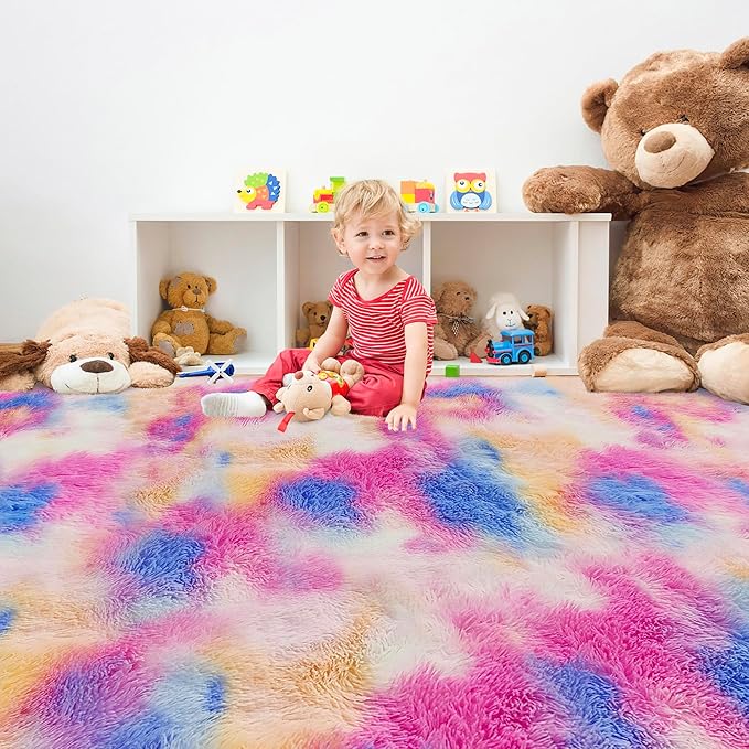 Fluffy Rainbow Colorful Rug for Living Room 6x9 Kawaii Rainbow Tie Dye Area Rug Fuzzy Indoor Floor Unicorn Rug for Bedroom Girls Kids Nursery Baby Princess Room Dorm Home Decor Aesthetic Carpets