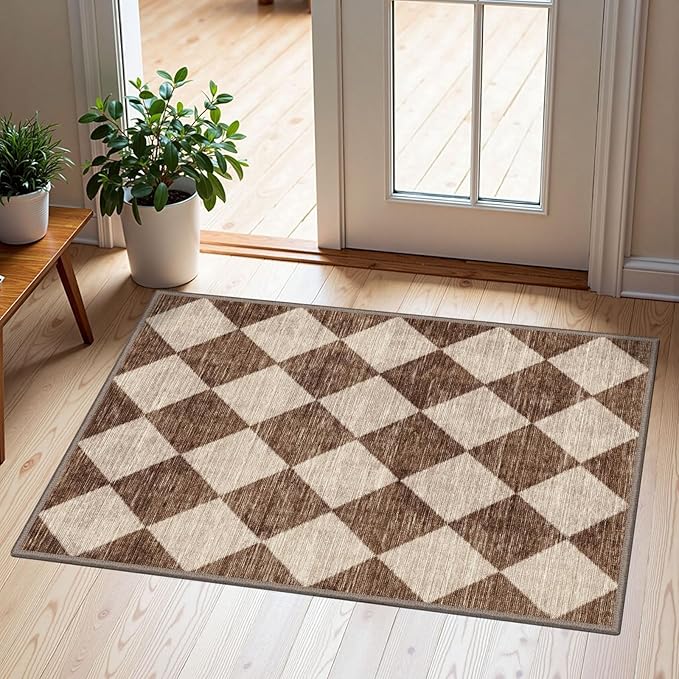 Front Door Rug - 2x3 Brown Beige Non-Slip Washable Doormat Indoor Outdoor Mat Outside Entrance Entry Rug Checkered Diamond Small Area Rugs for Entryway Bedroom Kitchen Front Porch Decor