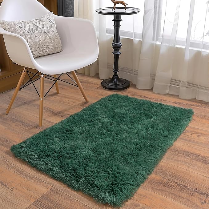 Soft Runner Rugs for Bedroom Hallways New Upgraded Non-Slip Bottom, 2x3 Green Fluffy Shag Throw Area Rug for Bedside Dorm, Long Shaggy Furry Carpet for Nursery Living Room