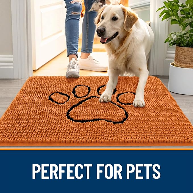OLANLY Dog Door Mat for Muddy Paws 36x24, Paw Print Design, Absorbs Moisture and Dirt, Absorbent Non-Slip Washable Doormat, Quick Dry Chenille Mud Mat for Dogs, Entry Indoor Entryway Carpet, Clay