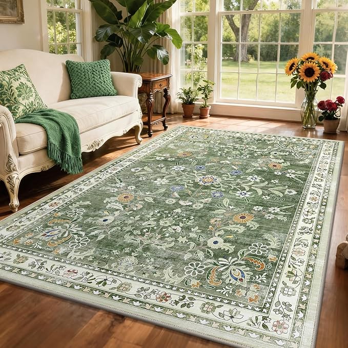 Yamaziot Washable Area Rug 6x9, Large Non-Slip Boho Floral Living Room Rug with Rubber Backing, Low Pile Distressed Carpet for Bedroom, Living Room, Dining Room, Green