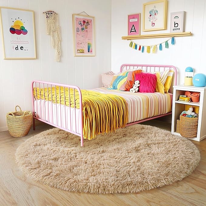 6‘x6’ Beige Round Rug for Bedroom, Ultra Soft Fluffy Circle Rug for Kids Girls Boys Room, Cute Shag Rugs for Living Room Playroom Tent Castle Home Decor Rug