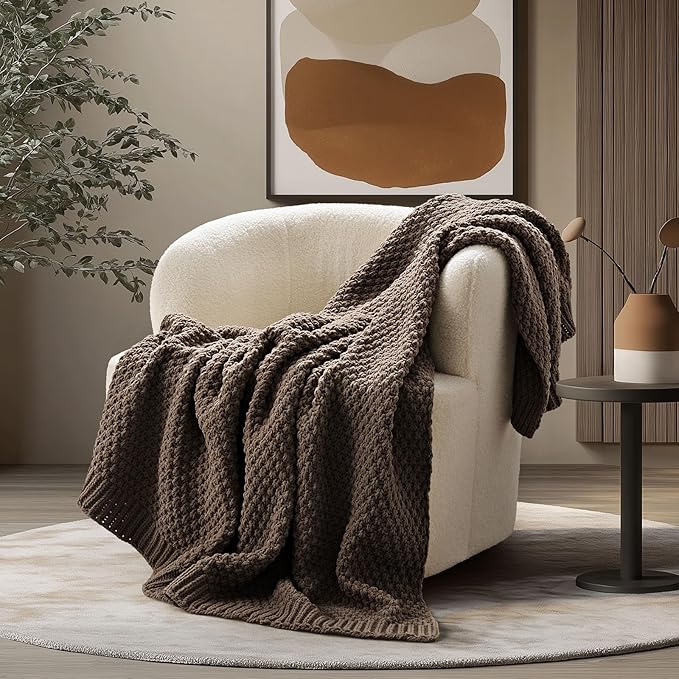 EVERGRACEHOME Chunky Chenille Knit Throw Blanket for Couch, Soft Luxurious Moss Stitch Blankets for Bed, Cozy Decorative Farmhouse Knitted Throws for Sofa, Cocoa Brown, 60" x 80"