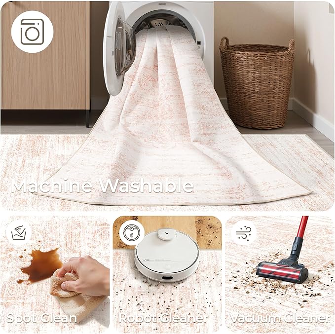 2x6 Runner Rug Non Slip for Entryway, Washable Runners for Kitchen, Soft Thin Hallway Rug for Bedroom, Laundry, Small Stain Resistant Indoor Door Mat(2'x6', Pink/White)