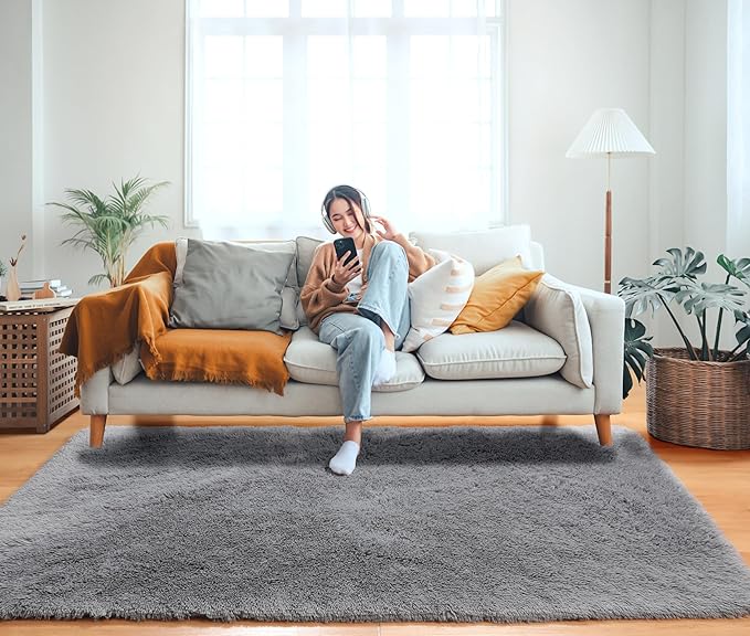 ONASAR Grey Area Rugs for Bedroom Living Room, Fluffy Fuzzy Shag Shaggy 4x6 Bedside Rug, Gray Soft Plush Indoor Floor Carpet for Nursery Kids Girls Boys Teen Dorm Home Office Decor Aesthetic