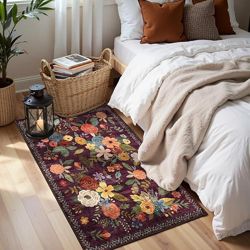 2x5 Entryway Runner Rugs, Non Slip Washable Rugs with Rubber Backing Soft Floral Carpet Runner for Kitchen, Laundry, Bedroom, Bathroom(2 x 5, Purple)