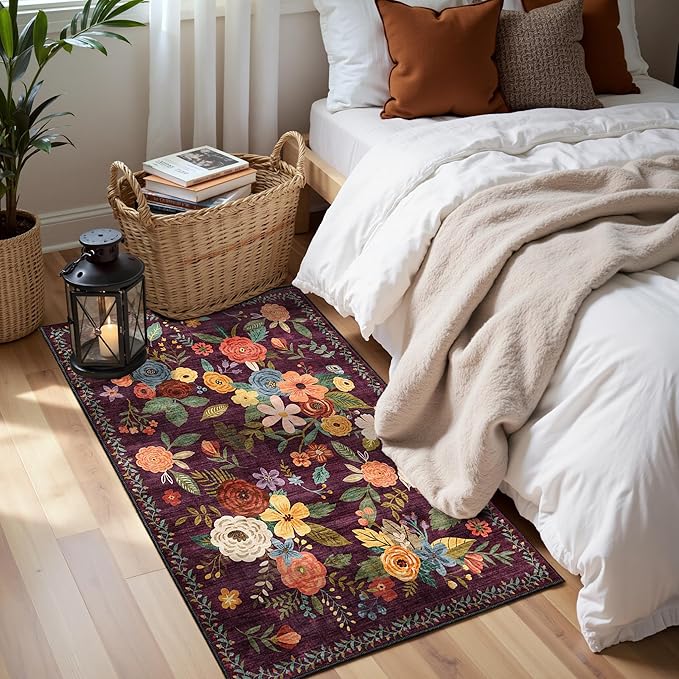 2x4 Entryway Runner Rugs, Non Slip Washable Rugs with Rubber Backing Soft Floral Carpet Runner for Kitchen, Laundry, Bedroom, Bathroom(2 x 4, Purple Lawn)