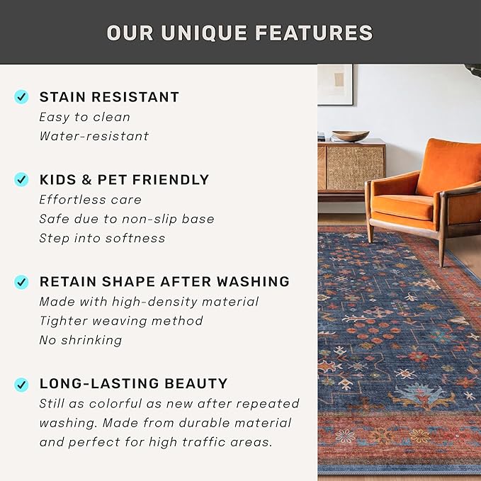 Large 3x5 Kitchen Rug Non Slip Machine Washable, Throw Rugs for Entryway Indoor, Floor Mat, Home Office Under Chair - Stain Resistant Non Skid Rubber Backing, Tribal Farmhouse Décor (3x5 Navy Blue)