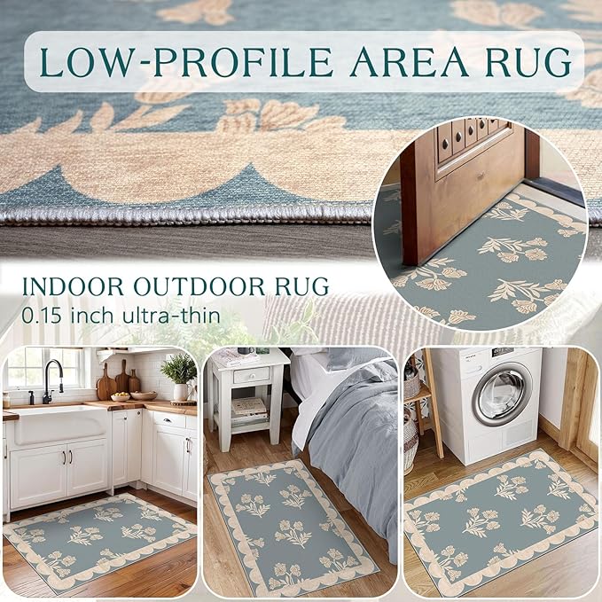Front Door Mat Outside Entrance - 2x3 Floral Non-Slip Washable Doormat Indoor Outdoor Mat Blue Retro Farmhouse Scalloped Entry Rug Small Throw Rugs for Entryway Kitchen Front Porch Decor