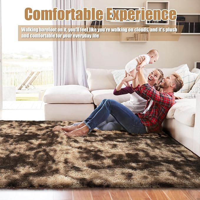 8x10 Fluffy Area Rugs for Living Room,Shag Area Rug for Bedroom,Soft Fuzzy Rug Non-Shedding Indoor Plush Carpet for Kids Bedroom Nursery Home Decor,Tie-Dyed Coffee