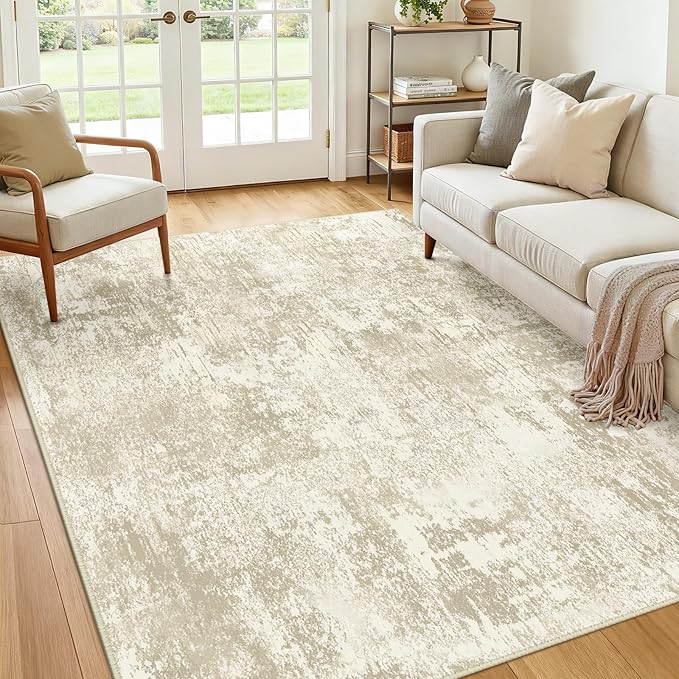 Washable Area Rugs 8'x10' Non-Slip Modern Abstract Soft for Living Room Entryway Bedroom Nursery, Print Pattern, Beige Cream Brown
