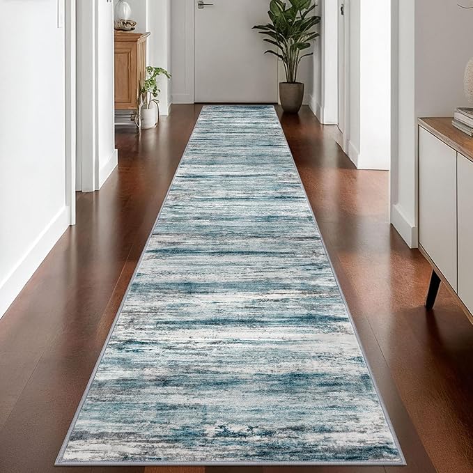 KOZYFLY Modern Abstract Hallway Runner Rug,2.6x14 Washable Rug Runner Non-Slip Soft Striped Kitchen Runner Rugs, Print Blue Carpet Runner for Entryway Bathroom Laundry Room Foyer