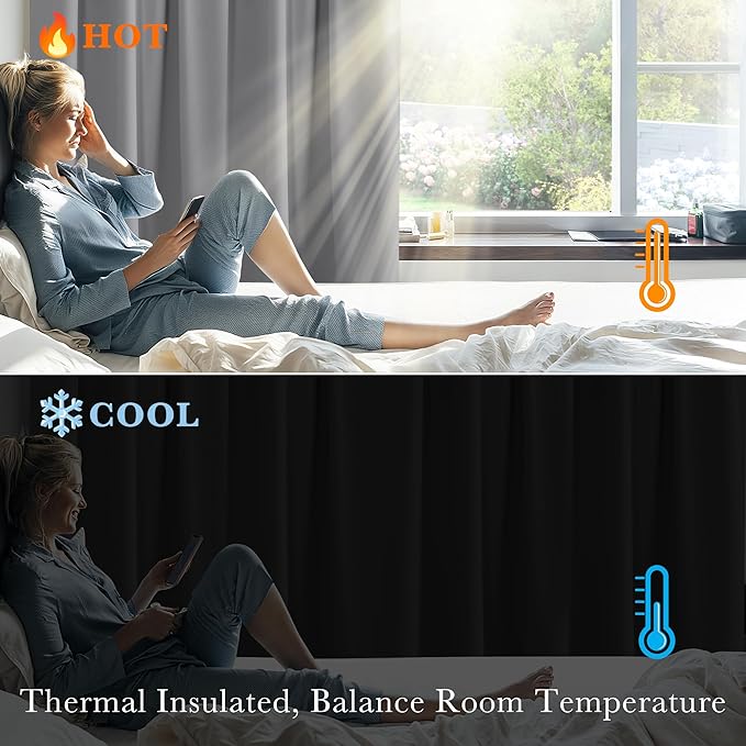 PONY DANCE Blackout Curtains for Bedroom, Room Darkening 96 inch Curtains 2 Panel Set, Thermal Insulated Drapes for Living Room Window Treatment, Back Tab/Rod Pocket, 52 x 96 Inch, Silver Grey