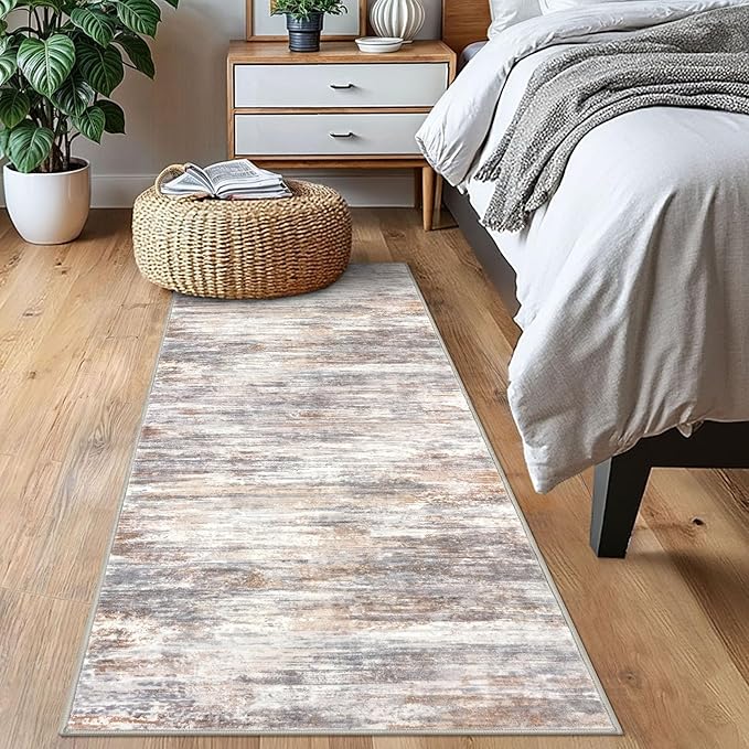 KOZYFLY 2x6 Washable Runner Rug for Hallways & High-Traffic Areas - Non-Slip Kitchen & Entryway Runner, Multi Grey/Orange Abstract Modern Low-Pile Carpet, Perfect for Bathroom