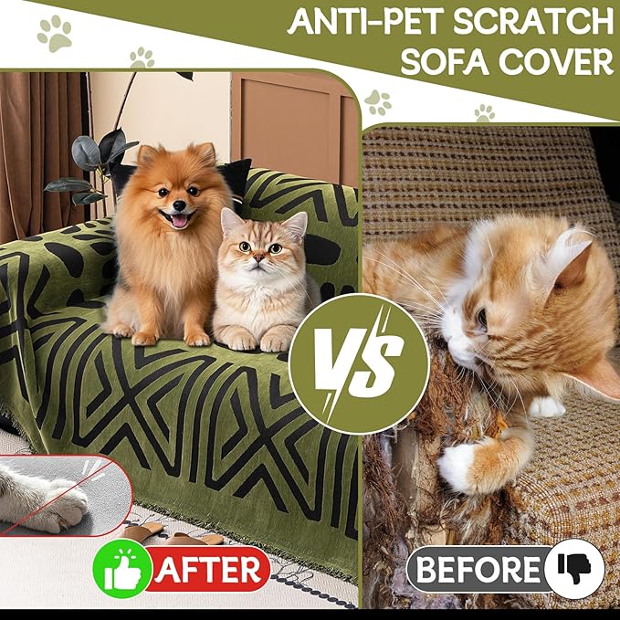 HANDONTIME Boho Couch Cover Geometric Striped Pet Covers for Couches and Sofas Olive Green and Black Dog Cover for Couch Pet Friendly Chenille Sectional Sofa Covers for Pets Washable, 71" X 118"