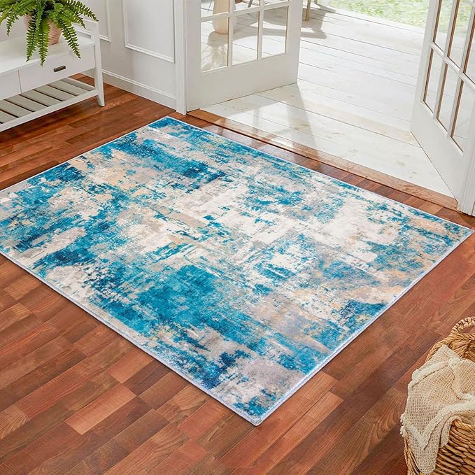 KOZYFLY Modern Abstract 3x5 Area Rug Washable Bedroom Rug Throw Entry Mat Non-Slip Stain Resistant Carpet Dining Room Rug with Soft Low Pile for Living Room Kitchen Office, Turquoise/Beige/Grey/Yellow
