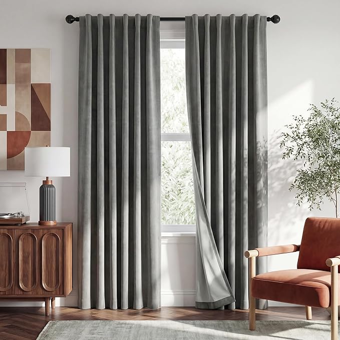 RYB HOME 100% Blackout Linen Textured Curtains 90 inches Long, Thermal Insulating Privacy Energy Saving for Bedroom Living Room Window Office Theater Baby Nursery, W 52 x L 90 in, Grey, 2 Panels