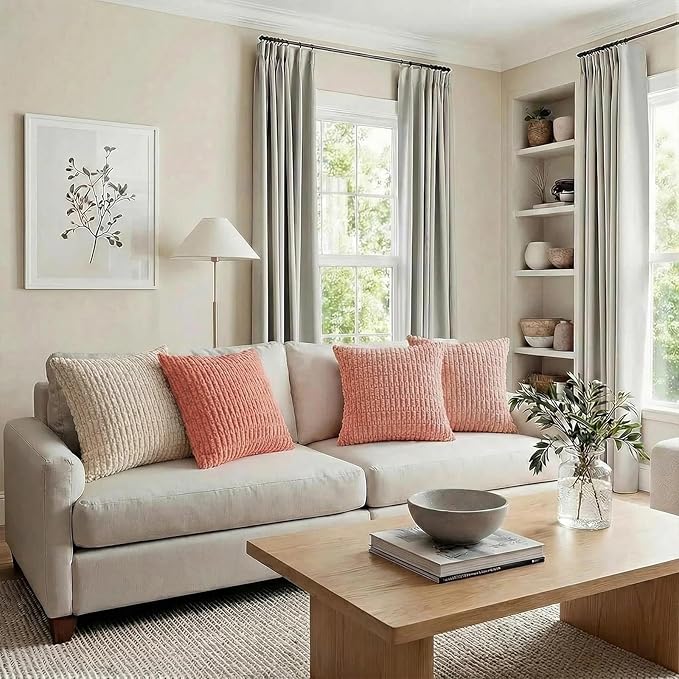 Fancy Homi 4 Packs Boho Blush Pink Big Decorative Throw Pillow Covers 24x24 Inch for Living Room Couch, Soft Plush Striped Corduroy Square Light Pink Coral Peach Cream Colorful Cushion Case 60x60 cm