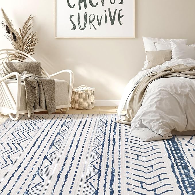 Nakagishi 5x7 Area Rug Living Room: Machine Washable Boho Large Neutral Farmhouse Stain Resistant Indoor Floor Rugs Moroccan Carpet for Bedroom Nursery Dorm Classroom Playroom Dining Room- Navy Blue
