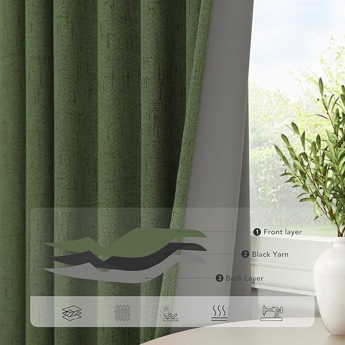 Christmas Green Blackout Curtains for Bedroom Linen Light Pale Olive Green Room Darkening Window Drape Black Out Dark Curtains for Ceiling Door Living Mid Century Modern Decor 108 Inches Long 2 Panels