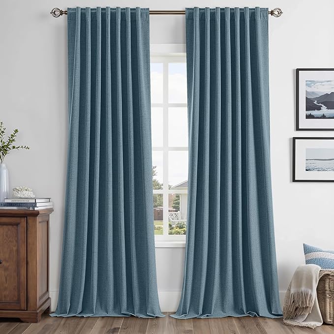 MIULEE 100% Blackout Linen Curtains for Bedroom, Stone Blue Solid Luxury Decor Thermal Insulation Room Darkening Drapes for Living Room Nursery Back Tab Rod Pocket 42 x 108 Inches, 2 Panels