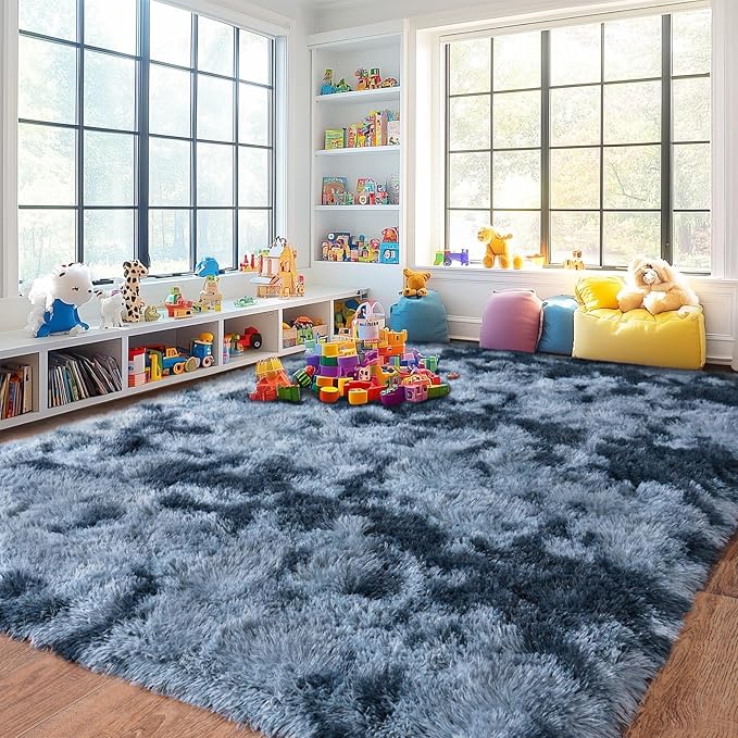 Pionblank 8x10 Rug for Living Room, Fuzzy Plush Large Area Rug, Fluffy Modern Shag Non Slip Soft Furry Carpet for Bedroom Kids Room Nursery Teens Dorm Home Decor, Blue Grey