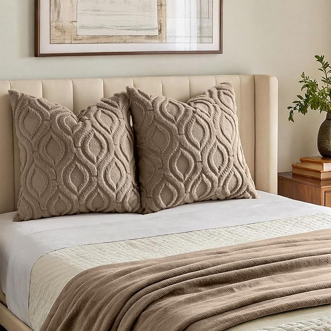 decorUhome Throw Pillow Covers 20x20 Inch Set of 2, Soft Plush Faux Wool Light Brown Solid Couch Pillow Covers, Accent Farmhouse Neutral Square Pillow Cases for Sofa Bed Living Room