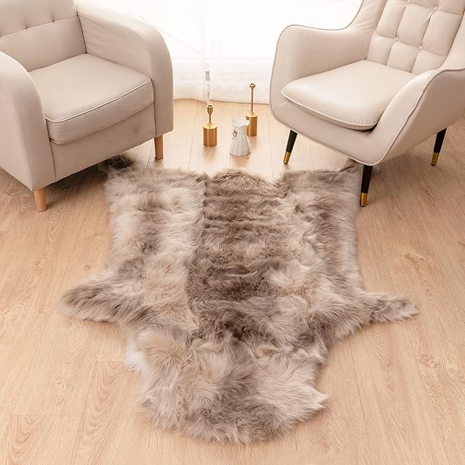 Carvapet Soft Fur Rugs Fake Reindeer Hide Area Rug Fluffy Faux Fur Carpet for Bedroom Floor Mat Home Decorative Throw Rug for Living Room, 4ft x 5ft, Brown