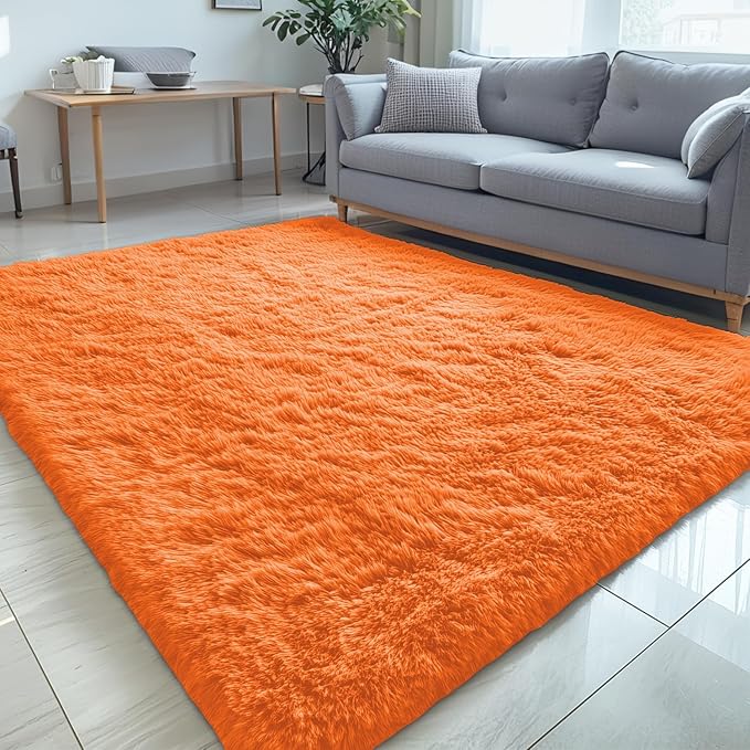 OLANLY 5x8 Machine Washable Large Area Rugs for Living Room, Bedroom, Soft Fluffy Shaggy Bedside Rug, Indoor Floor Carpet for Kids Girls and Boys, Dorms, Nursery, Home Decor Aesthetic, Orange