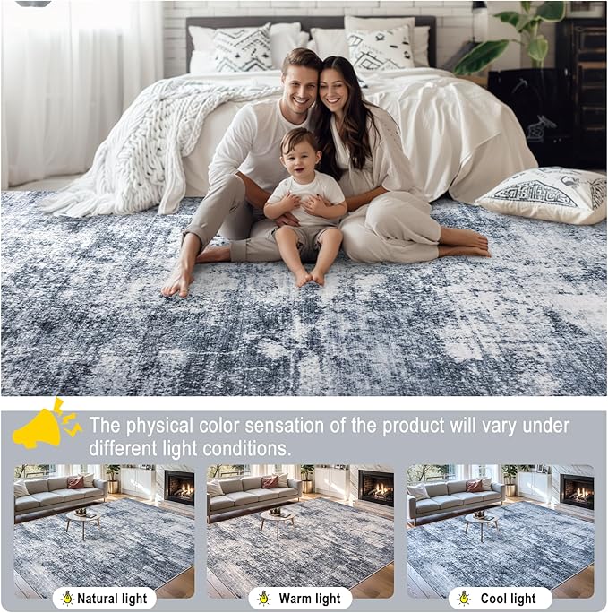 6x9 Area Rugs for Living Room - Washable Rug Modern Abstract Soft Large Neutral Non-Slip Carpet Indoor Floor Thin Carpets for Bedroom Dining Room Farmhouse Nursery Home Office Grey Blue