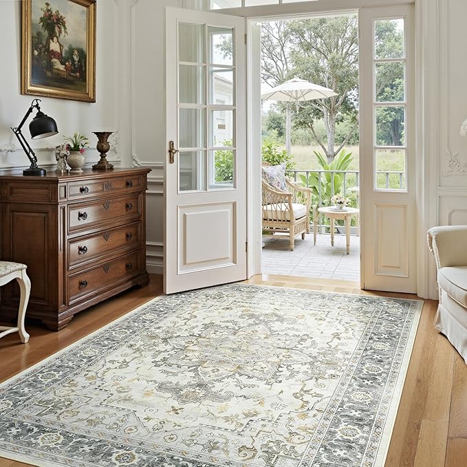 Lofus 5x7 Area Rugs for Living Room, Machine Washable Non-Slip Area Rug, Low Pile Large Rugs for Bedroom, Kitchen, Dining Room, Home Office, Vintage Oriental Print Rug, Taupe Grey