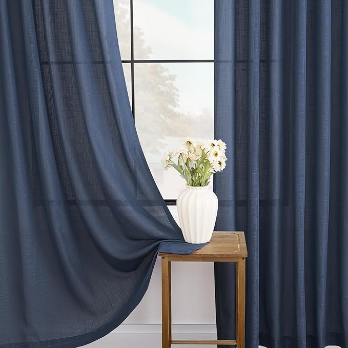 Navy Blue Curtains 102 inch Length for Bedroom Back Tab Light Filtering Semi Sheer Blue Living Room Curtains Linen Cotton Textured Indigo Blue Drapery Panel Modern Aesthetic Decor 42" Wx102" L