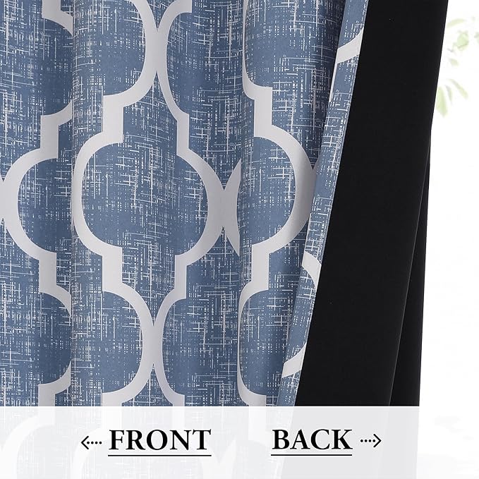 Beauoop 100% Blackout Curtains 84 Inches Long 2 Panels for Bedroom Living Room Blue Moroccan Geo Room Darkening Thermal Insulated Soundproof Grommet Top Window Treatments Drapes, 50x84 Set of 2