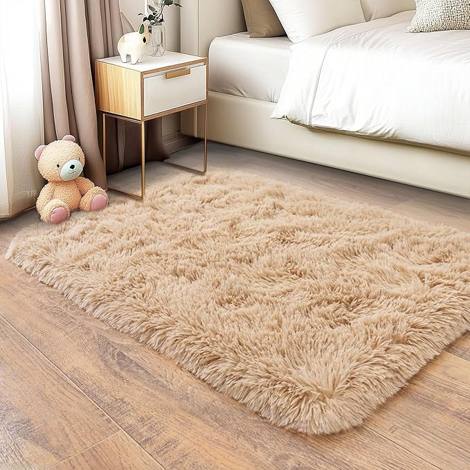Pionblank Fluffy Small Rug for Bedroom 2x3 Feet, Shag Soft Area Rug, Modern Plush Carpet, Furry Cute Bedside Rug for Kids Girls Boys Room Nursery Decor, Camel