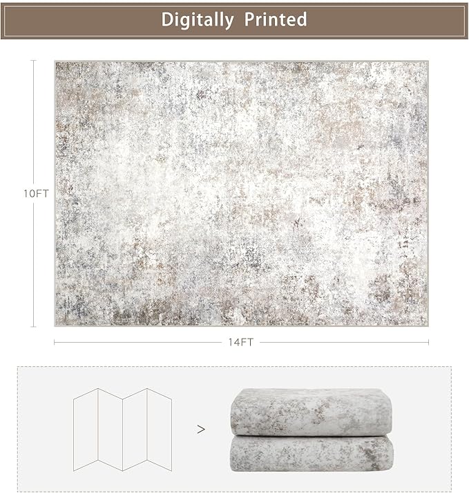 Srugn Washable Rugs 10x14 Area Rugs for Living Room,Modern Abstract Rugs for Bedroom,Large Carpets,Ultra Soft Faux Wool Retro Dining Room Rug,Non Slip&Non-Shedding Low Pile Print Rug- Beige Grey