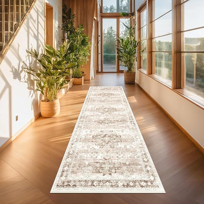 Beige Washable 2'6"x10' Extra Long Runner Rugs for Hallways, Non Slip Indoor Floor Mats for Entryway, Stain Resistant Long Floor Rug, Neutral Boho Floral Decor (2'6"x10' Beige/Latte)