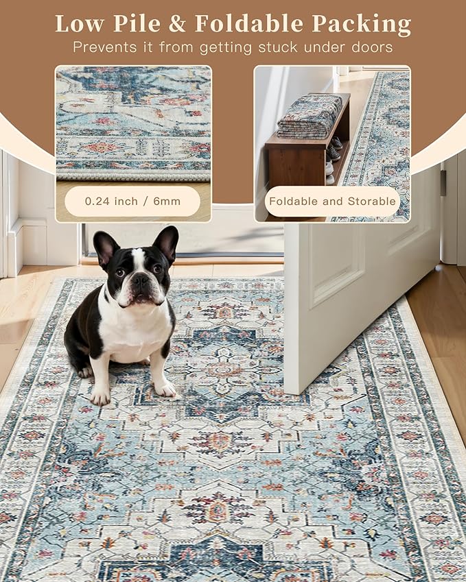 Madane Washable Runner Rug - 2x6 Rug Runners for Hallways 6 Feet Non Slip Vintage Kitchen Runner Rug Ultra-Thin Bathroom Runner Rugs Carpet Laundry Room Bedroom (2x6ft, Blue)
