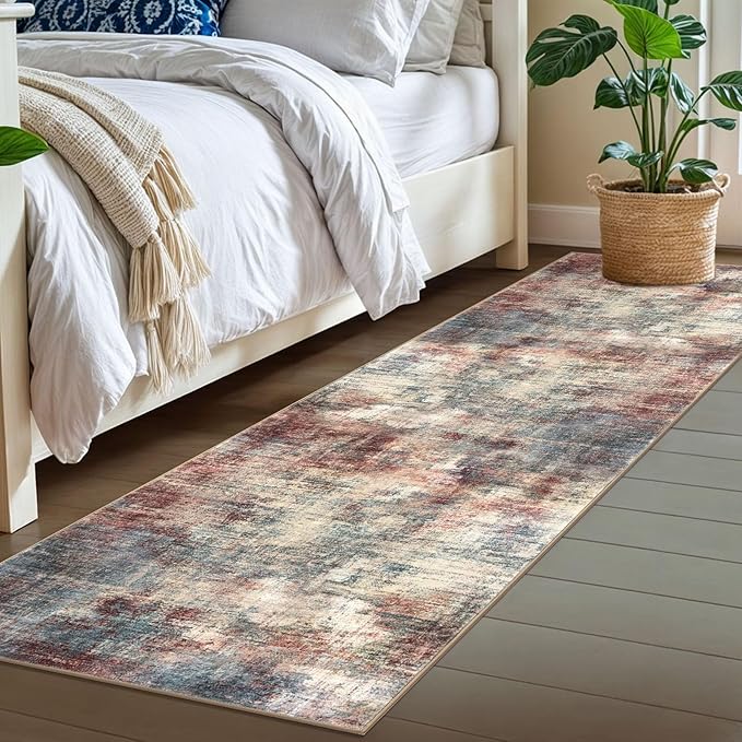 IOHOUZE Abstract Runner Rug 2x7 Ft Washable Runners for Hallways, Non Slip Kitchen Runner Printed Faux Wool Entryway Runners Indoor, Modern Abstract Floor Carpet for Hall Kitchen Bedroom, Red/Multi