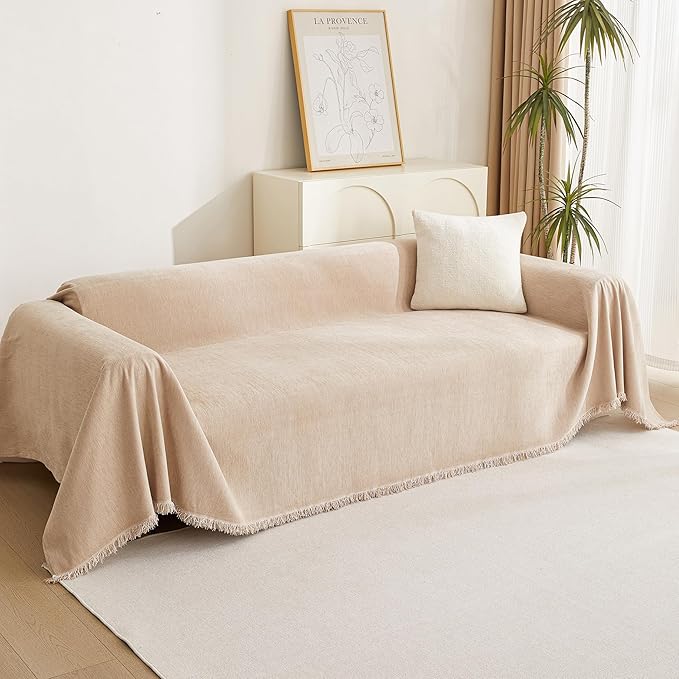 MYSKY HOME Couch Cover 3 Cushion Sofa With Tassel Chenille Slipcover for Sectional L Shaped Furniture, Dogs Protector, 71" X150", Khaki