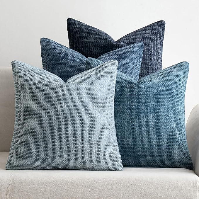 MIULEE Pack of 4 Couch Throw Pillow Covers 22x22 Inch Neutral Blue Soft Decorative Chenille Pillow Covers Farmhouse Accent Cushion Covers for Boho Western Spring Coastal Decor Sofa Bed Living Room