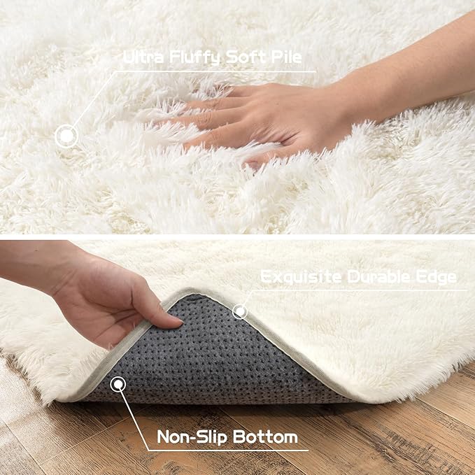 Pionblank 9x12 Area Rug, Large Area Rug for Living Room, Shag Rug for Bedroom, Soft Furry Non Slip Carpet for Kids Room Nursery Teens Dorm Home Decor, Cream White