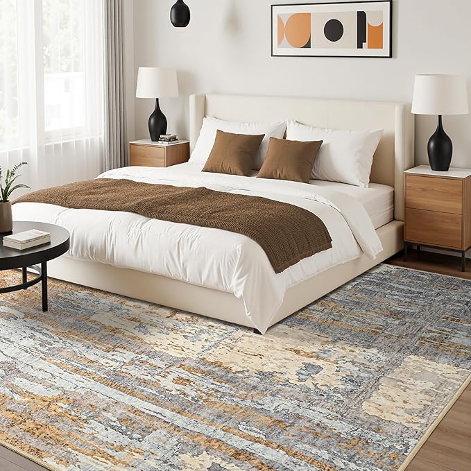 Toneed Abstract Area Rug Modern Washable Rug Soft Non Slip Rug Low Pile for Bedroom Living Room Dining Room Camel 6x9 Feet