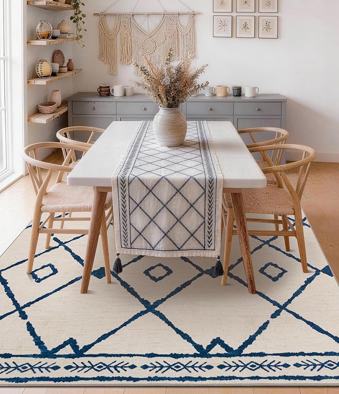 YIHOUSE Boho 5x7 Area Rugs for Living Room, Western Beige and Blue Rug, Moroccan Geometric Soft Low-Pile Washable Rugs for Bedroom, Dining Room