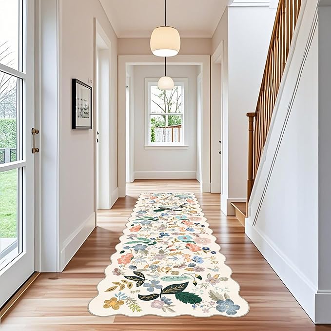 3x10 Washable Hallway Runner Rug: Long Floral Scalloped Soft Runners for Kitchen Entryway Non Slip Bathroom Nursery Floor Mat 10ft Water Resistant Low Pile Carpet for Living Room Bedroom(3x10,Cream)